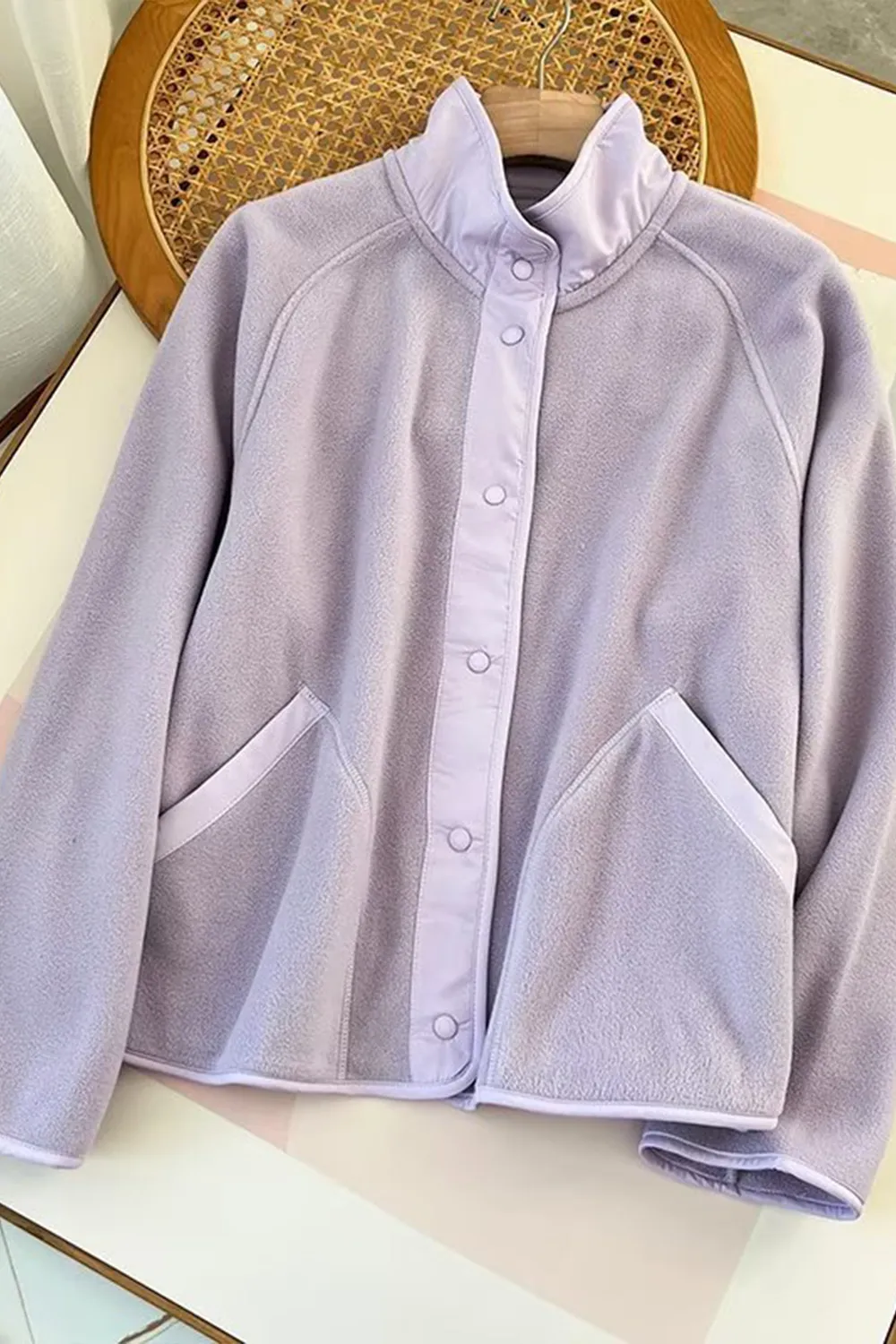 Snap Down Contrast Fleece Jacket with Pockets, image 7