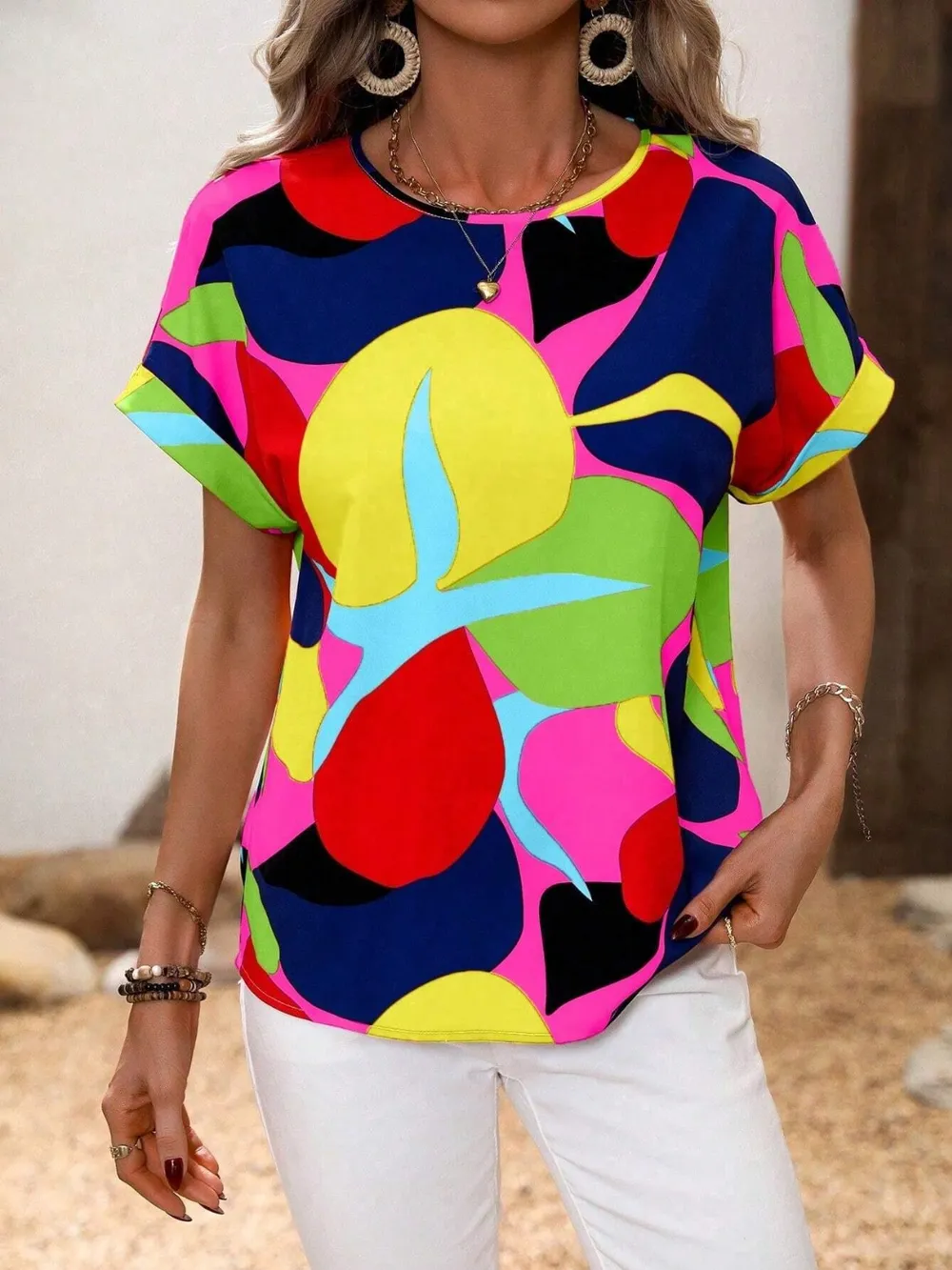 Contrast Round Neck Short Sleeve Blouse, image 16