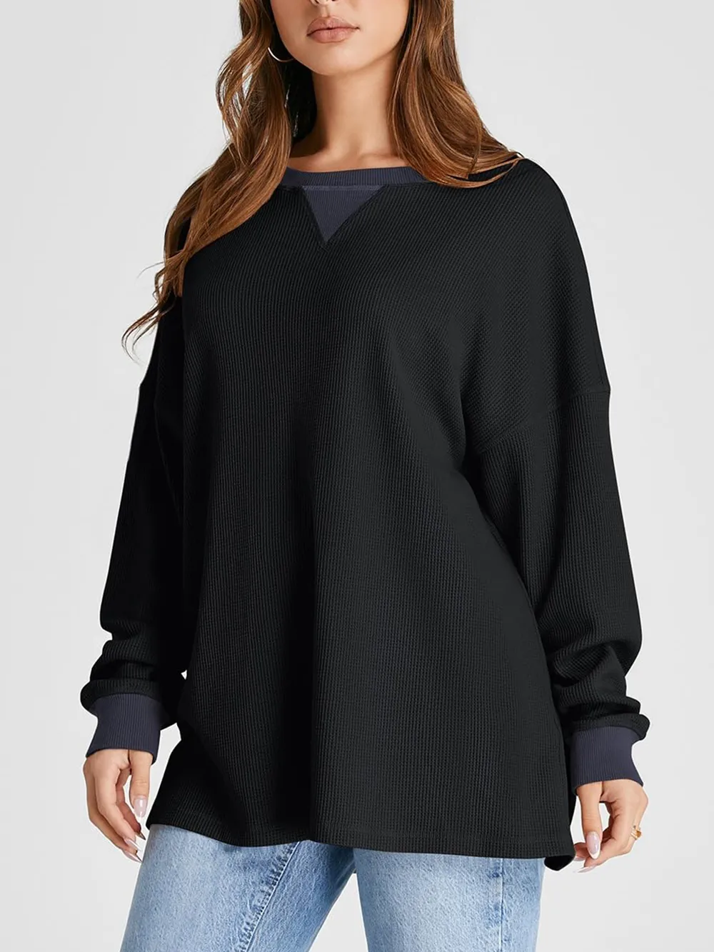Waffle Knit Round Neck Long Sleeve T-Shirt, image 23
