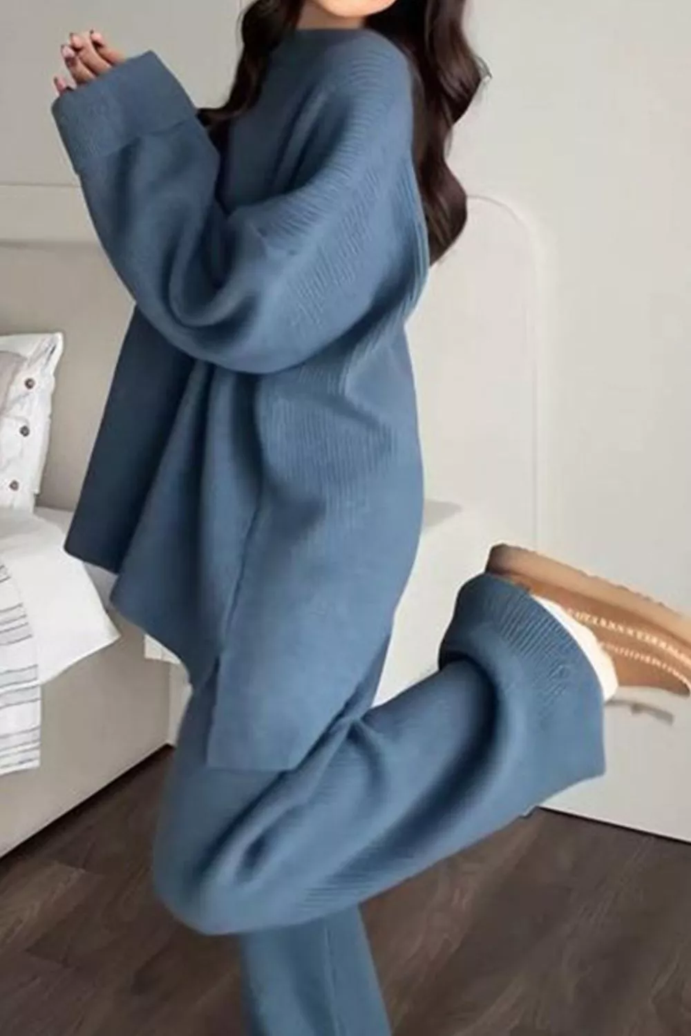 Dropped Shoulder Knit Sweater and Wide Leg Pants Set, image 3