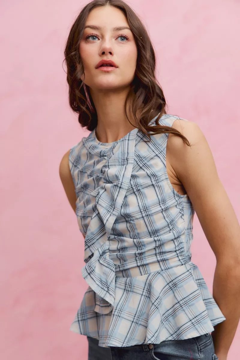 Plaid Sleeveless Ruffle Peplum Top, image 7