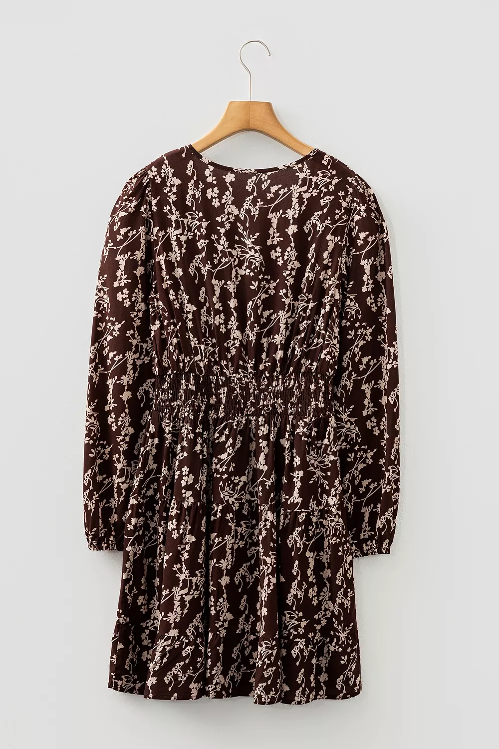 Ditsy Floral Print Split Neck Long Sleeve Shirred Waist Flared Mini Dress, image 8