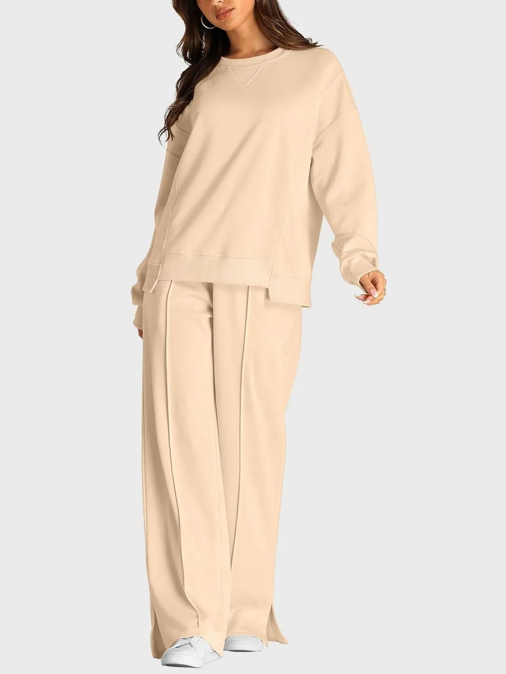 Round Neck Long Sleeve Top and Slit Pants Set, image 24