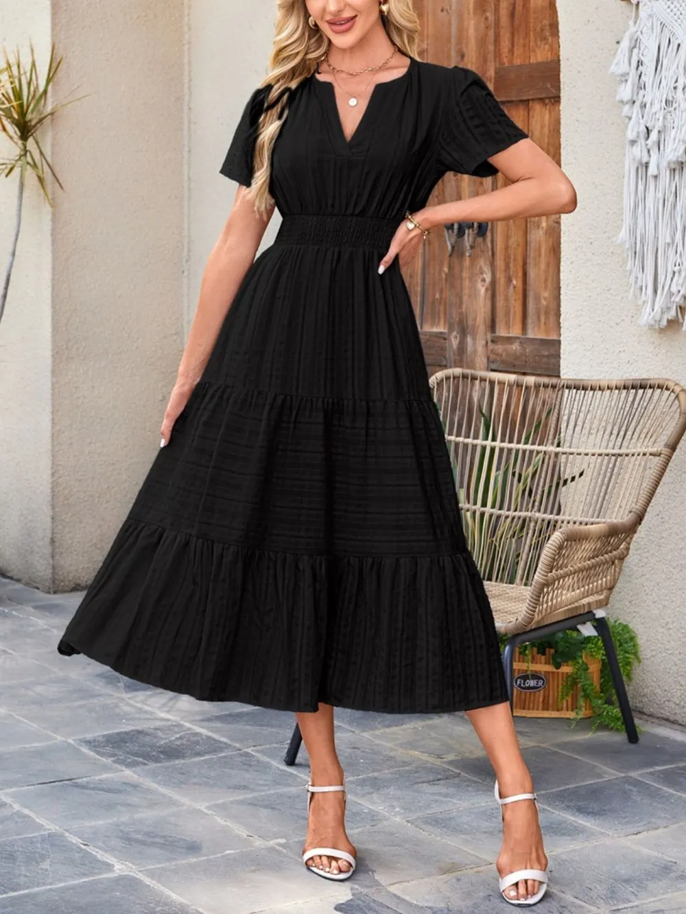 Tiered Notched Short Sleeve Dress, image 27