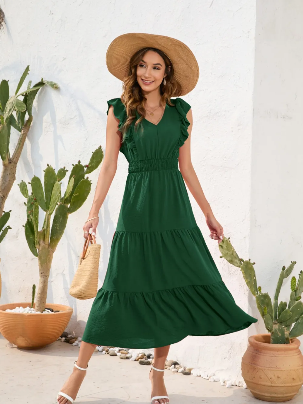 Tiered Ruffled V-Neck Cap Sleeve Dress, image 5