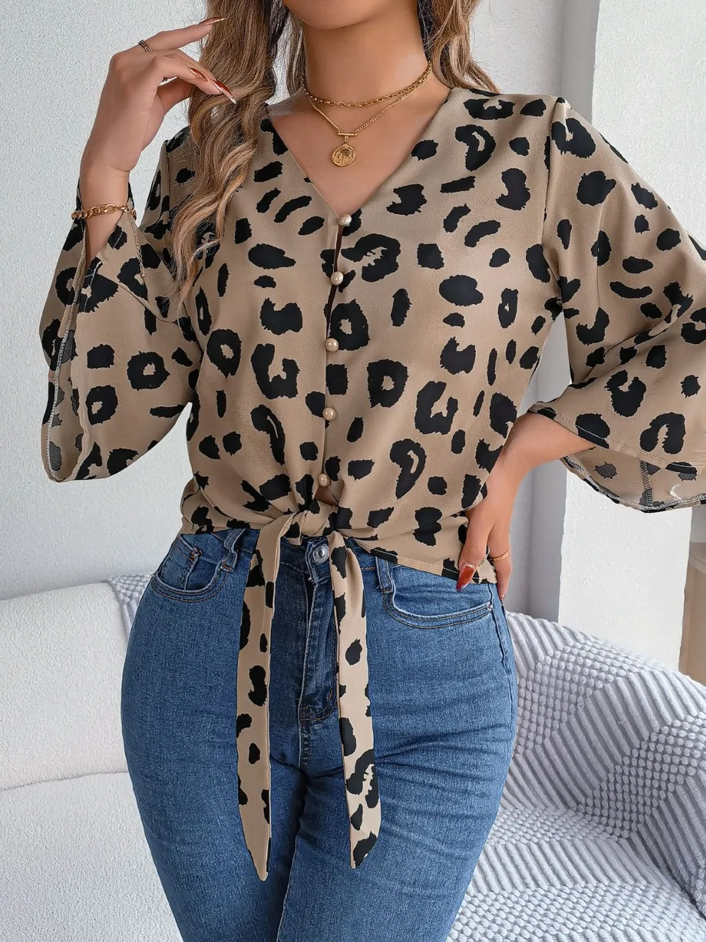 Tied Button Up Leopard V-Neck Blouse, image 7