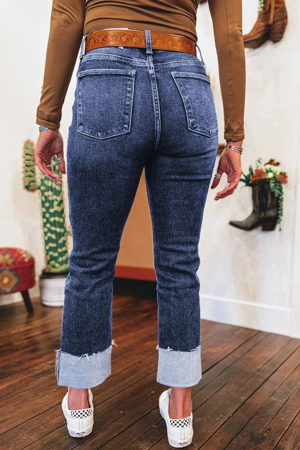 Folded Cuffs Distressed Straight High Waist Jeans, image 12
