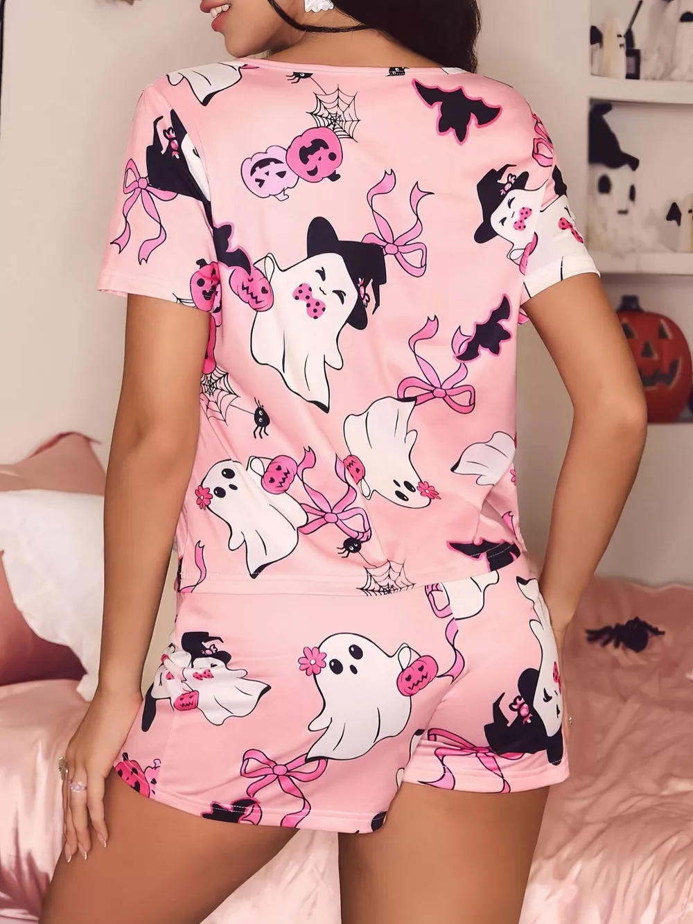 Halloween Print Short Sleeve Top and Shorts Lounge Set, image 6