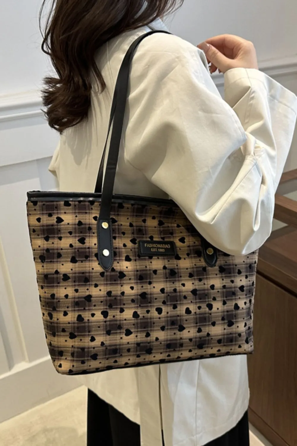 Heart Plaid PU Leather Strap Tote Bag, image 2