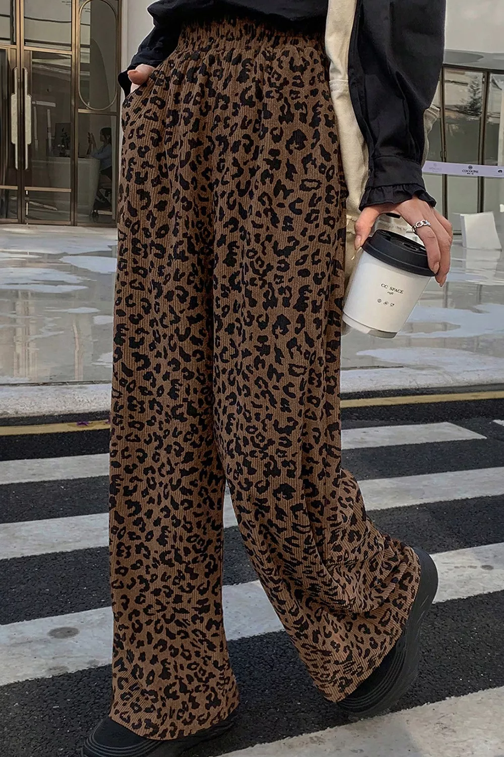 Leopard Print Elastic High Waist Loose Corduroy Pants, image 2