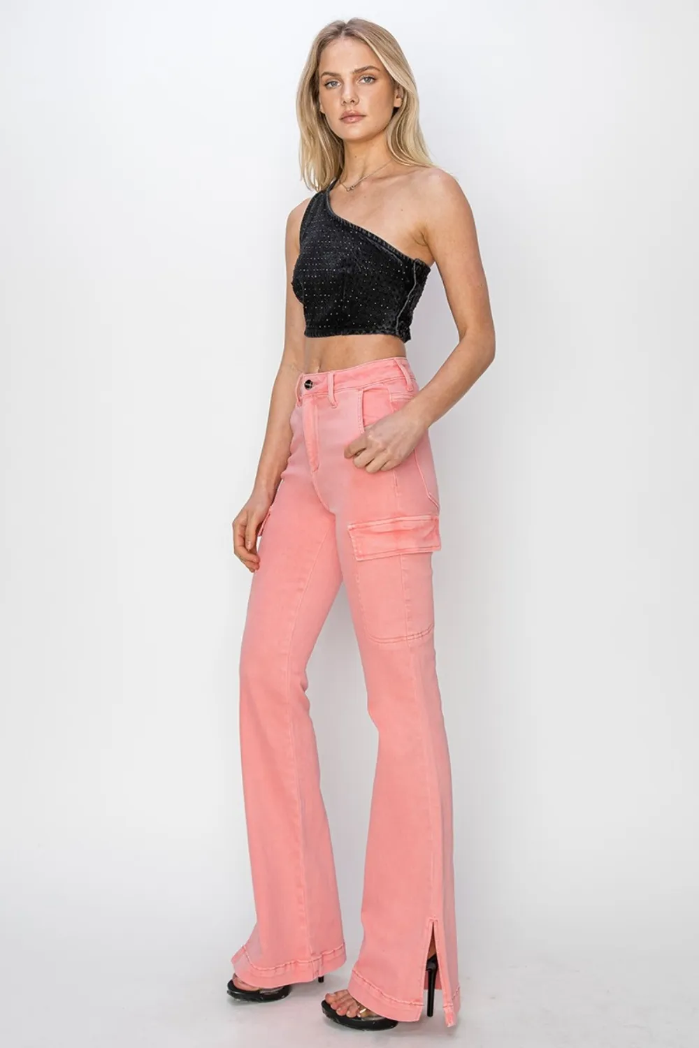 Full Size High Rise Side Slit Cargo Bootcut Jeans, image 7