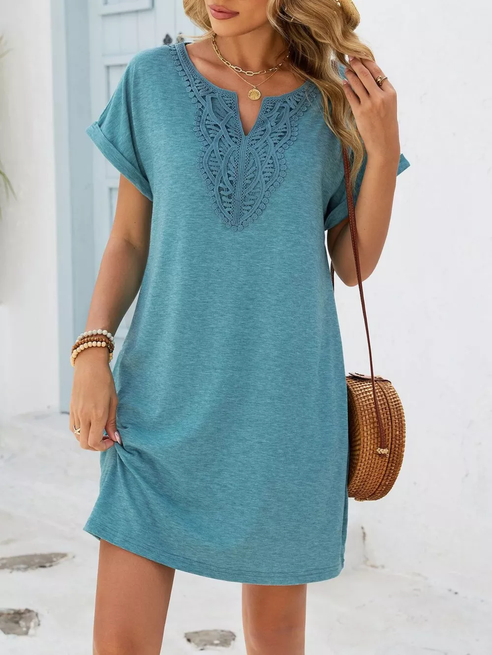 Lace Trim Notched Short Sleeve Dress, image 12