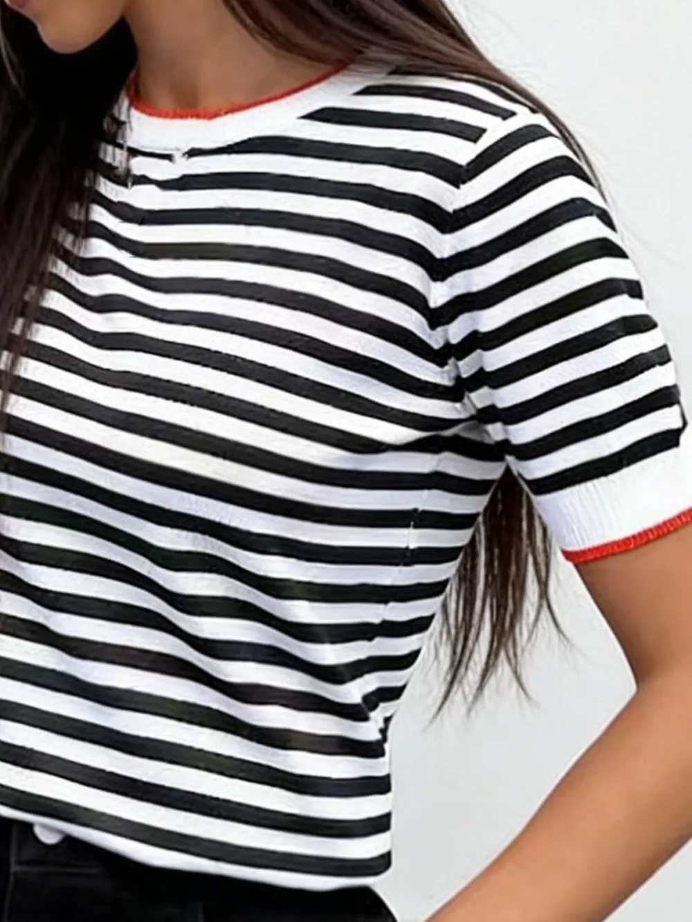 Contrast Trim Striped Short Sleeve Knit Top, image 6