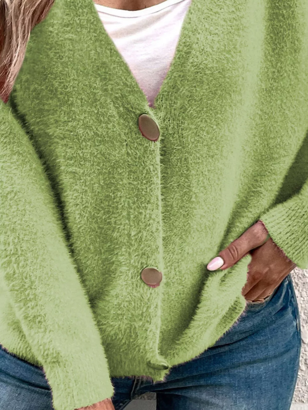 Soft Fuzzy V-Neck Button-Down Cardigan, image 9