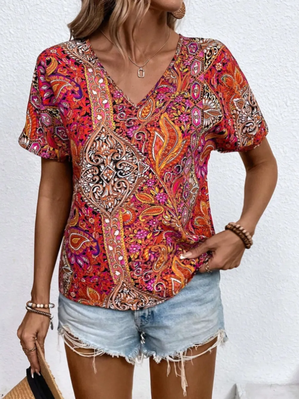 Bohemian Paisley Print V-Neck Short Sleeve T-Shirt, image 10