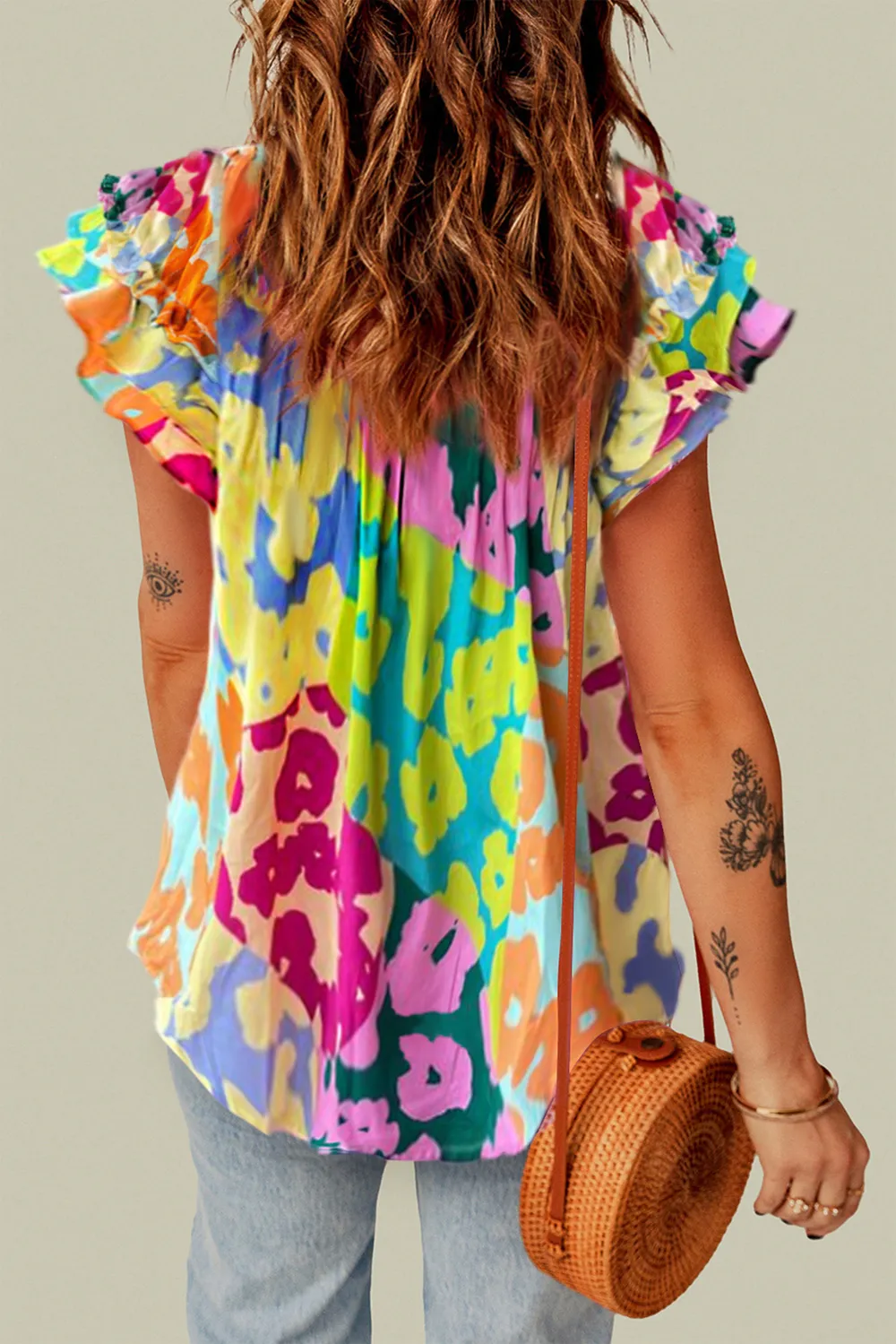 Ruffled Printed Tie Neck Cap Sleeve Blouse, image 4