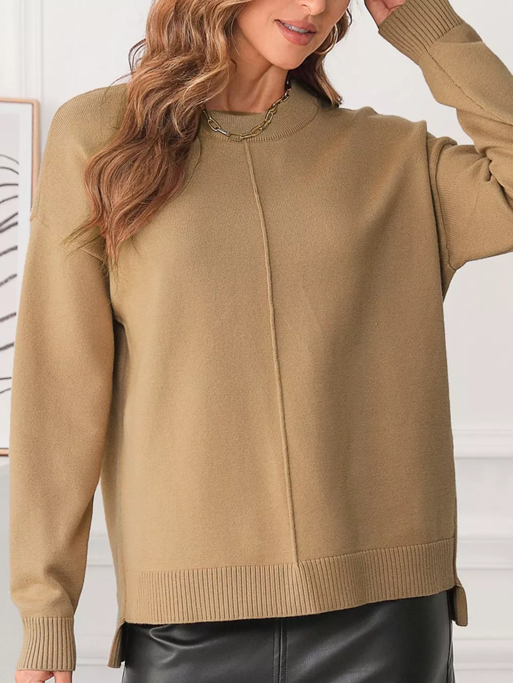 Center Seam Drop Shoulder Pullover Solid Sweater, image 8