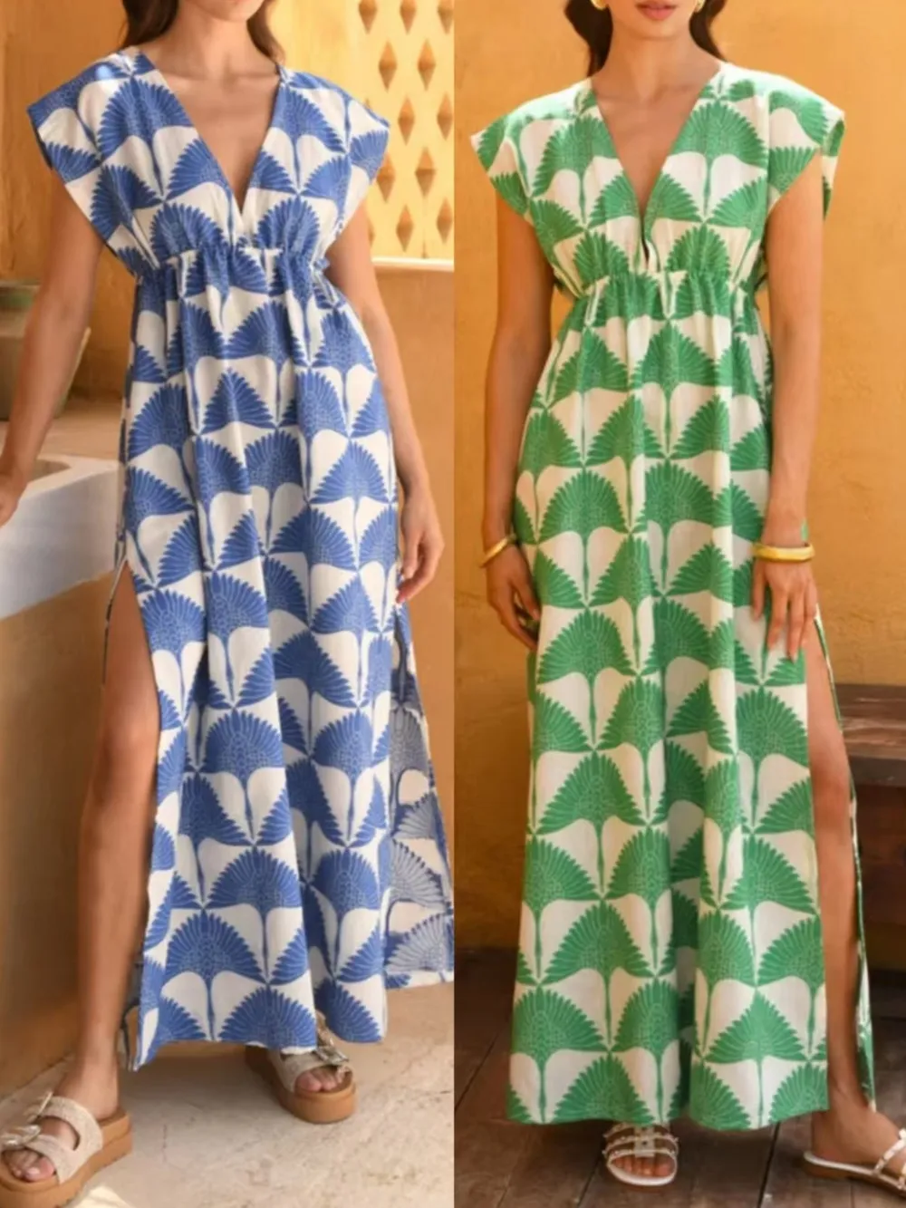 Slit Printed V-Neck Cap Sleeve Maxi Dress, image 8