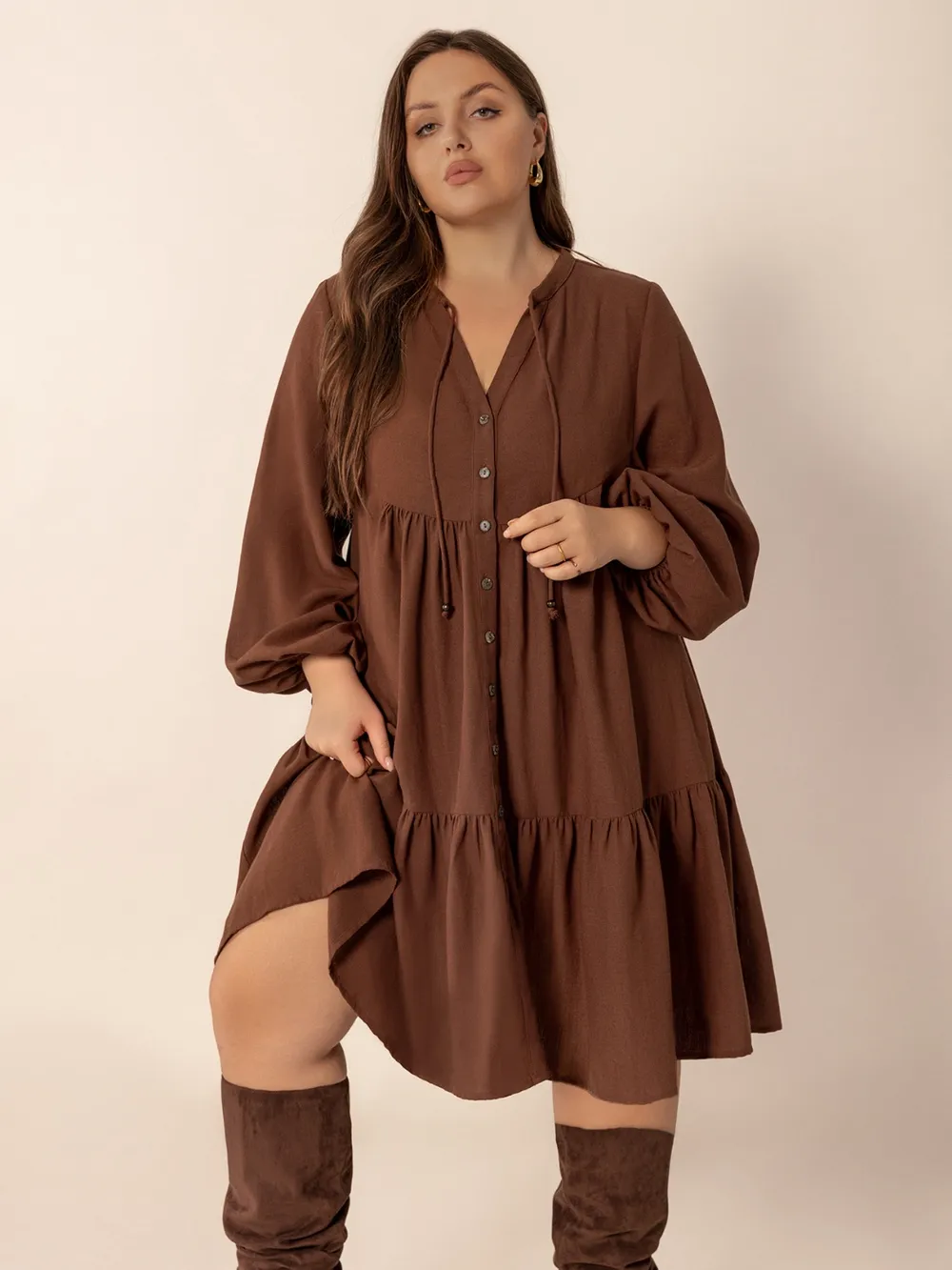 Plus Size Tie Neck Balloon Sleeve Tiered Dress, image 8