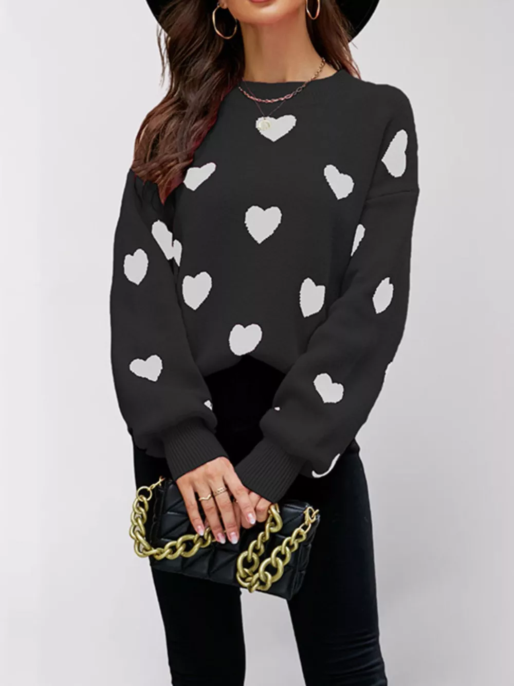 Heart-Patterned Dropped Shoulder Sweater, image 4