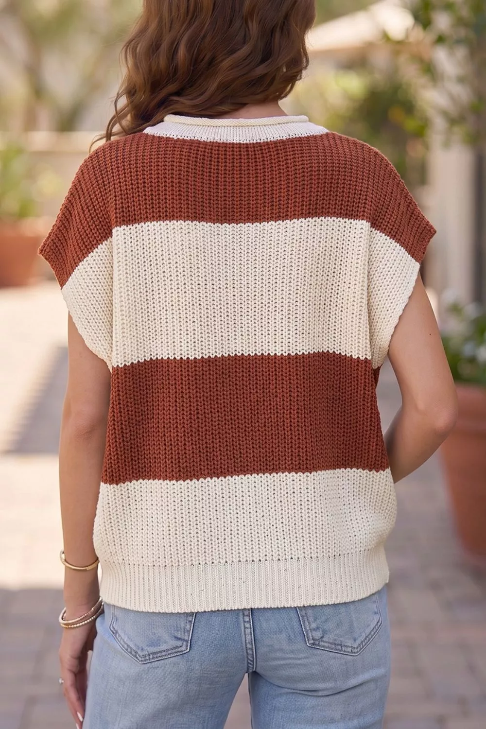 Striped Colorblock Knit Short Sleeve Loose Sweater, image 2