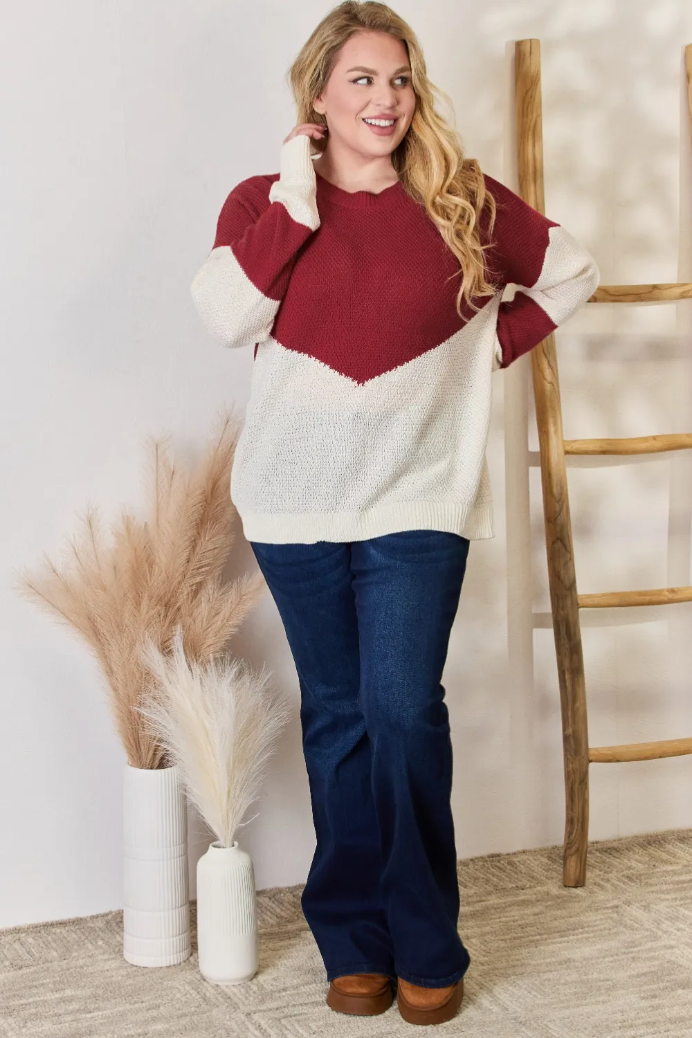 Full Size Color Block Dropped Shoulder Knit Top, image 11