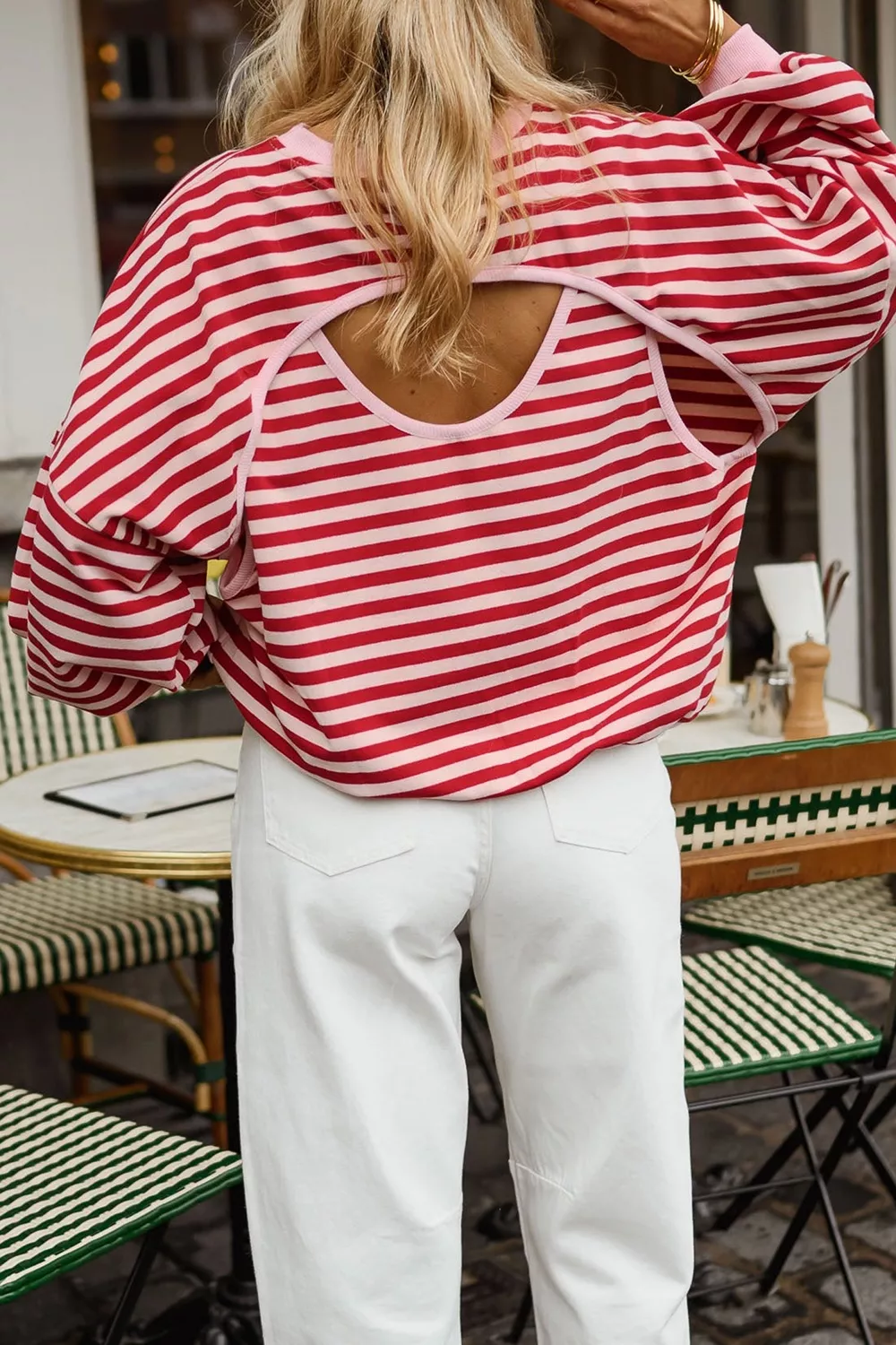 Cutout Back Striped Round Neck Sweatshirt, image 5