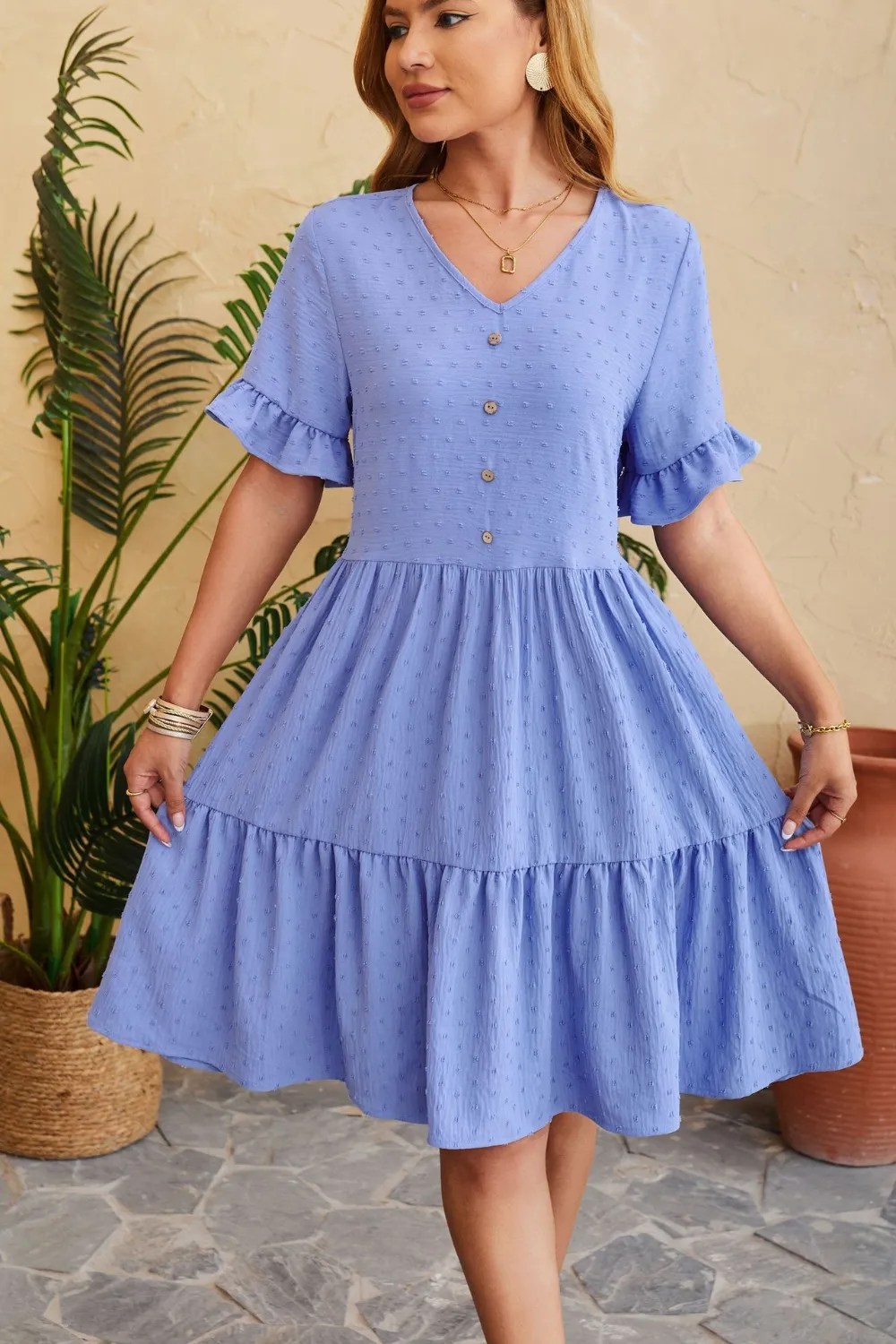 Swiss Dot Ruffled V-Neck Tiered Dress, image 5