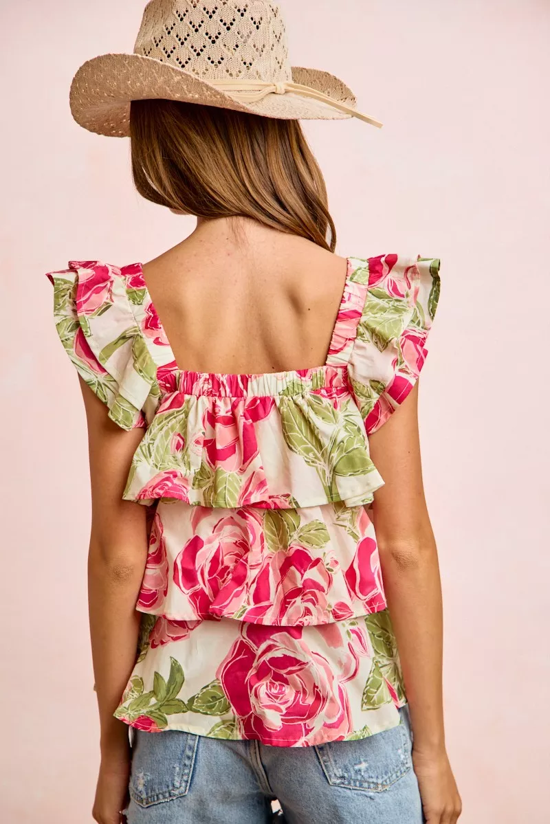 Floral Print Woven Bow Tie Ruffle Square Neck Top, image 8