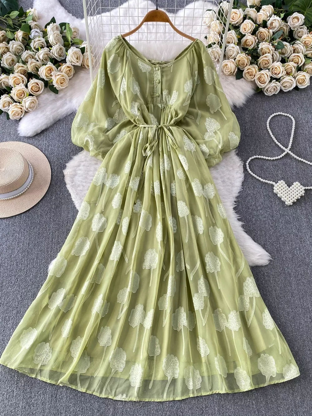 Button Front Puff Sleeve Chiffon Dress, image 14