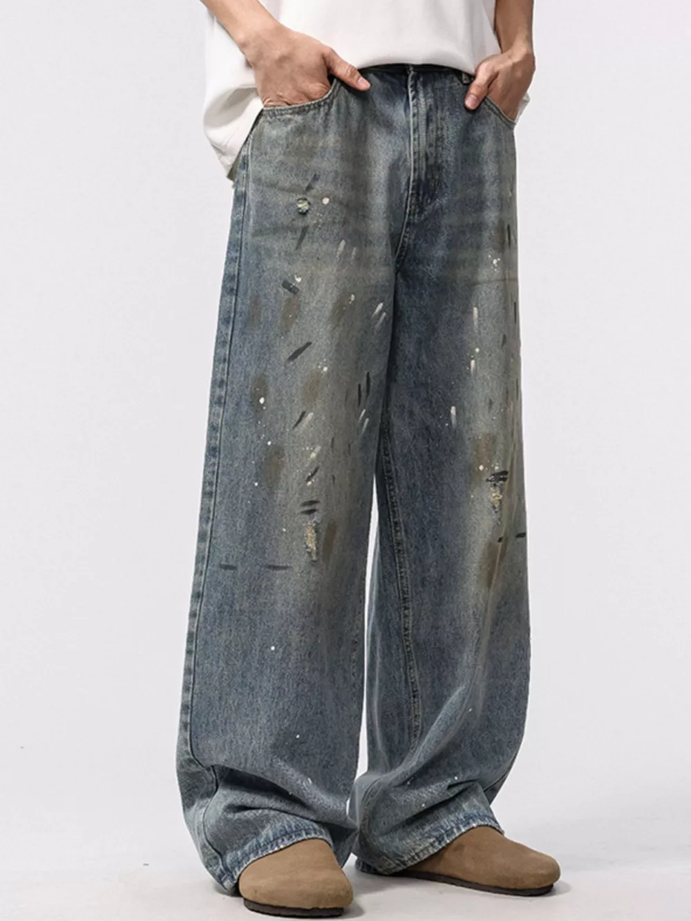 Men's Washed Distressed Wide-Leg Jeans, image 2