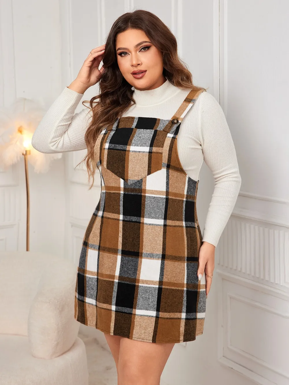 Plus Size Plaid Wide Strap Overall Dress, image 18