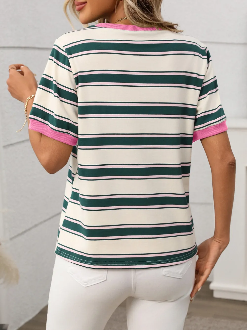 Contrast Striped Round Neck Short Sleeve T-Shirt, image 10