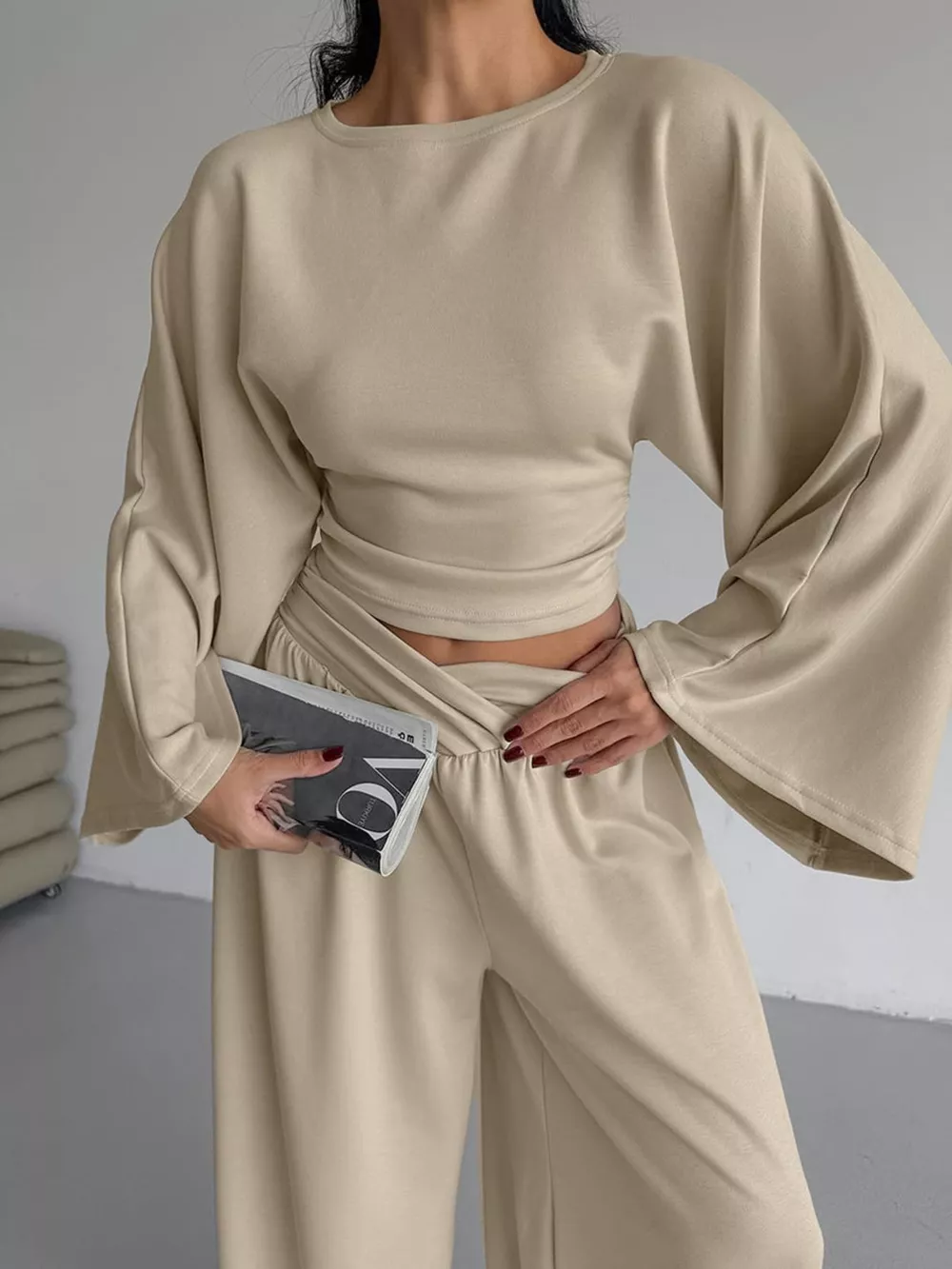 Round Neck Top and Wide Leg Pants Set, image 5
