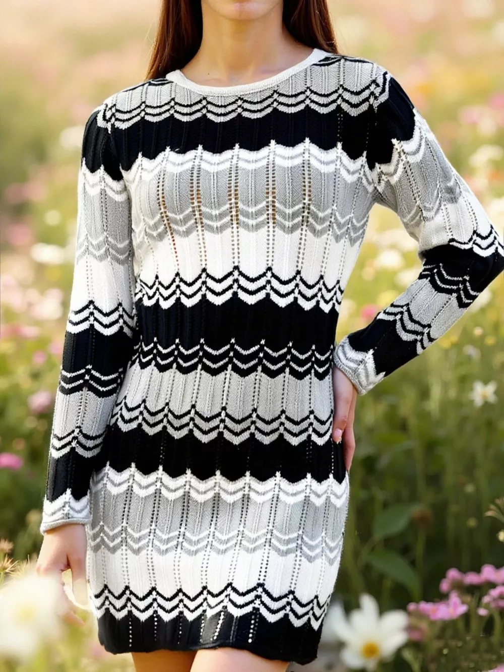 Openwork Wave Pattern Long Sleeve Sweater Dress, image 16