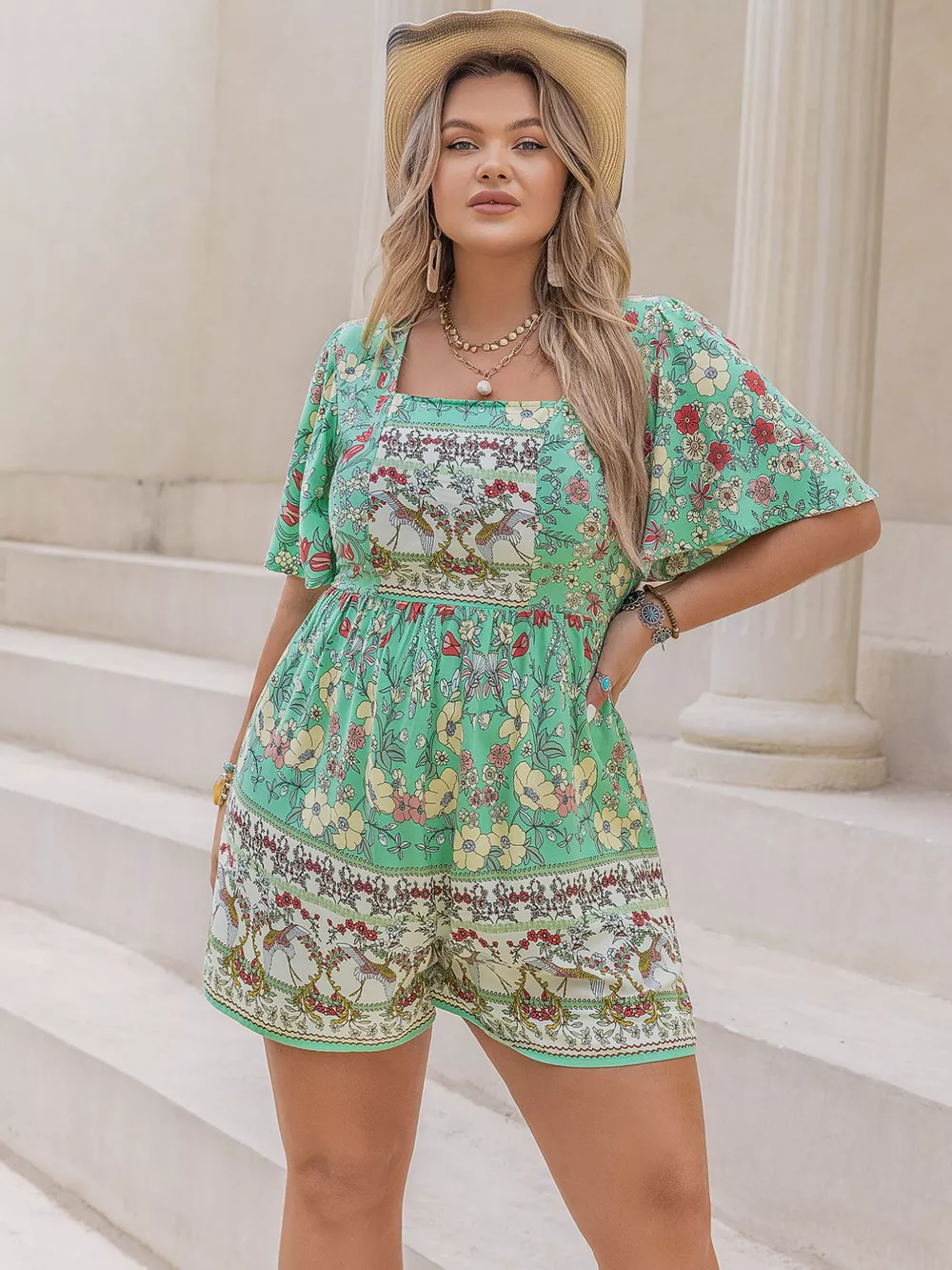Plus Size Floral Print Square Neck Romper, image 3