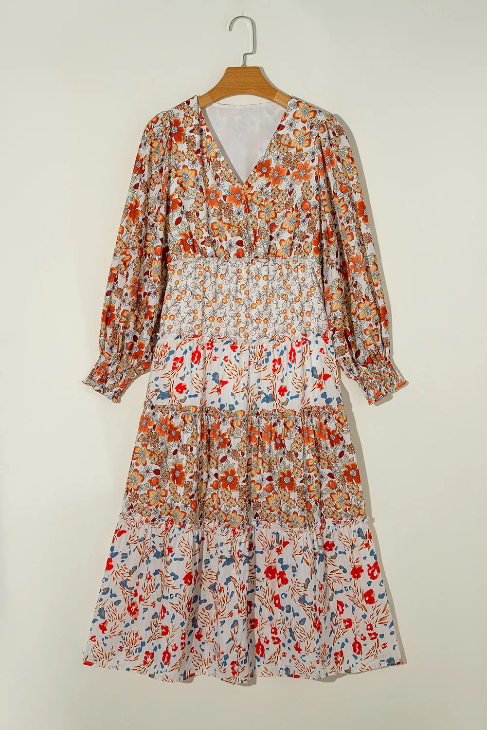Full Size Printed V-Neck Lantern Sleeve Midi Dress, image 7