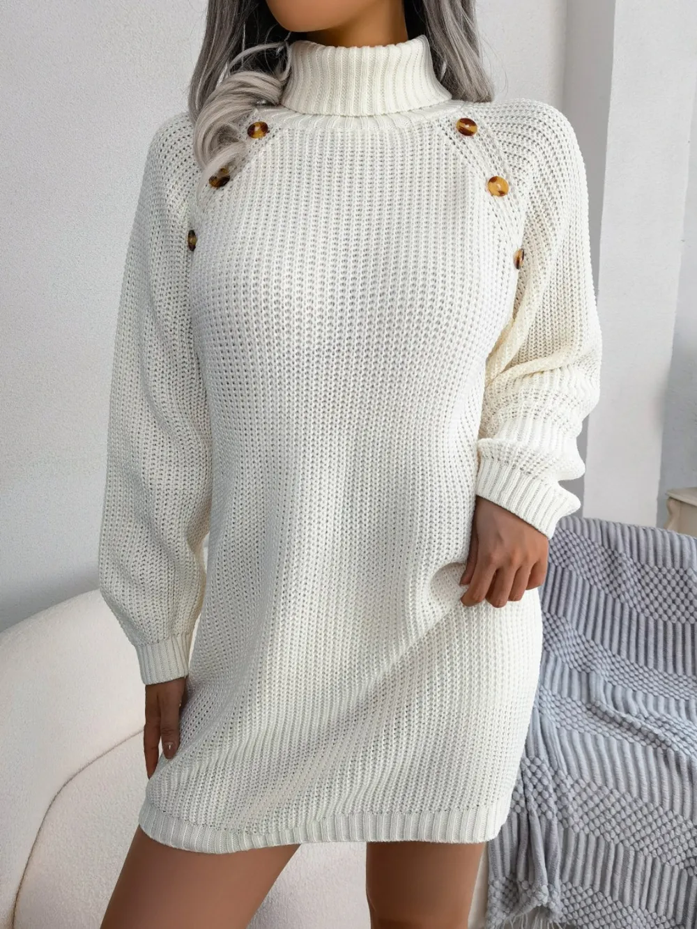 Decorative Button Turtleneck Sweater Dress, image 5