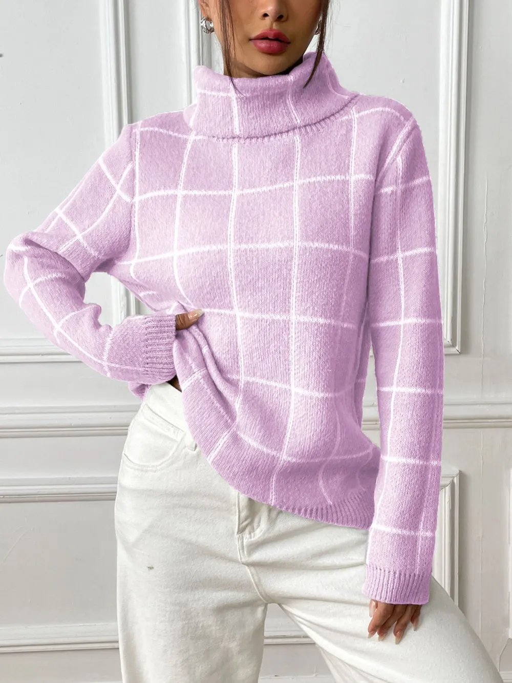 Plaid Turtleneck Long Sleeve Sweater, image 7