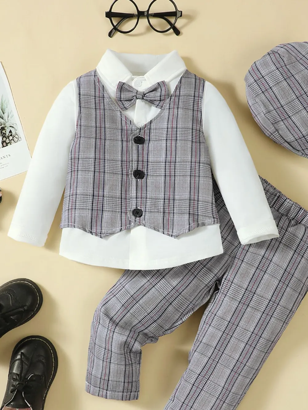 Hat, Long Sleeve Shirt, Plaid Vest and Pants 4-Piece Set, image 2
