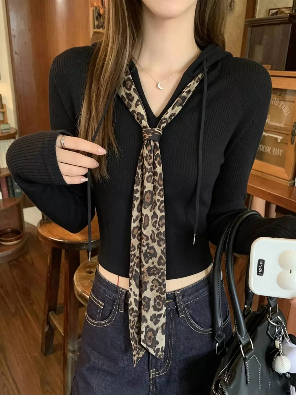 Chic Long Sleeve Hooded T-Shirt with Leopard Scarf Detail, image 3