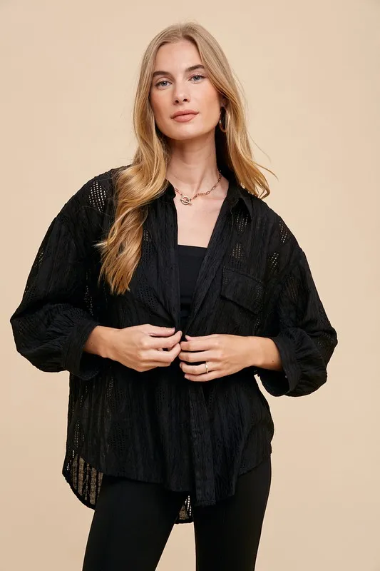 Openwork Button Down Drop Shoulder Shirt, image 3