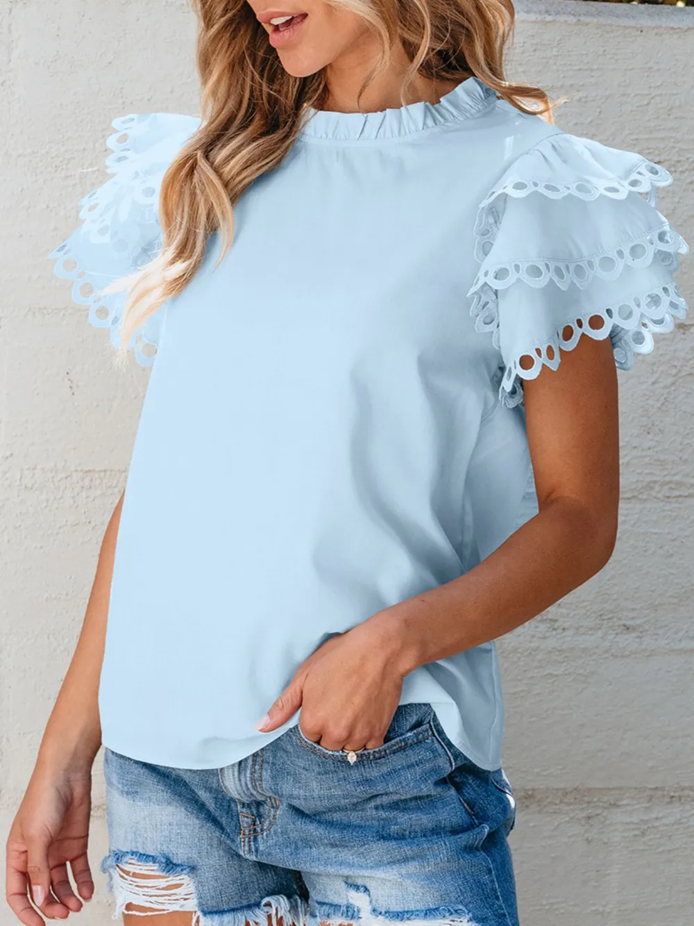 Layered Ric Rac Short Sleeve Filled Neck Blouse, image 5