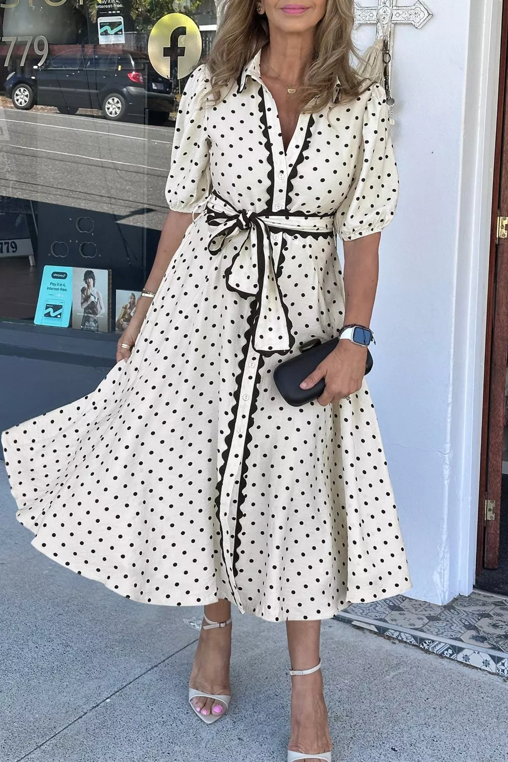 Polka Dot Half Sleeve Midi Dress, image 3