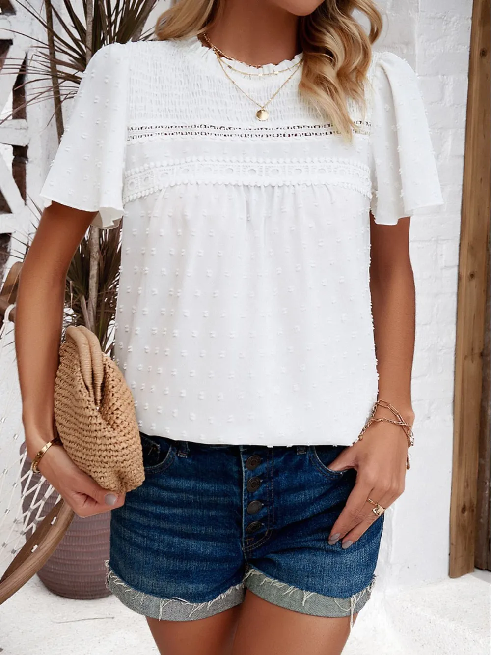 Swiss Dot Smocked Round Neck Short Sleeve Blouse, image 9