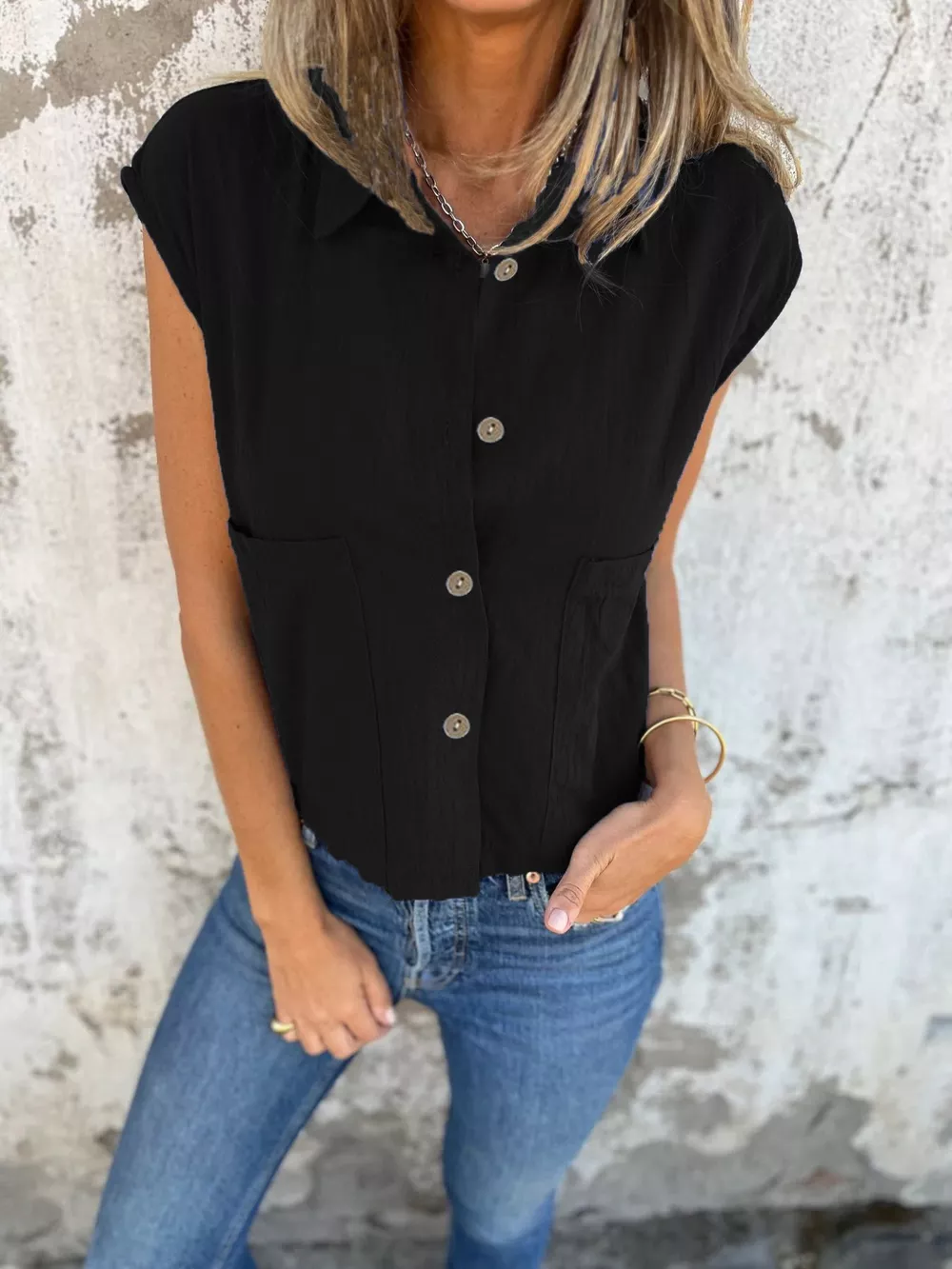Button-Down Cap Sleeve Shirt