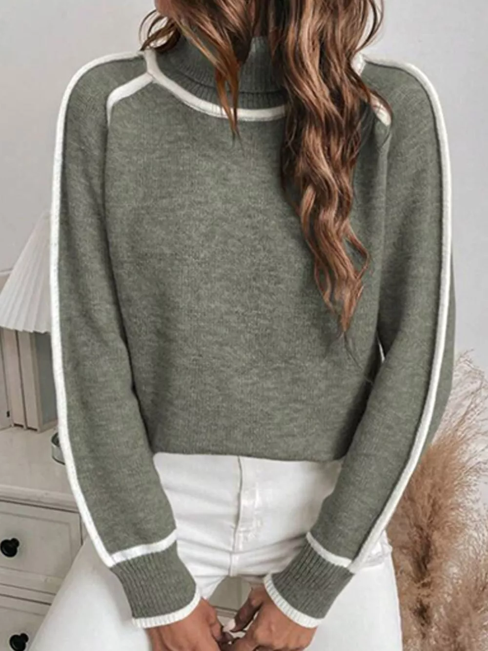 Full Size Contrast Trim Ribbed Hem Turtleneck Sweater Plus Size, image 5