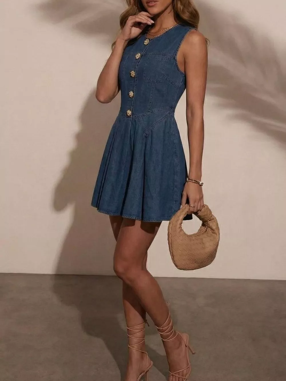 Button Decor Sleeveless Denim Dress, image 6