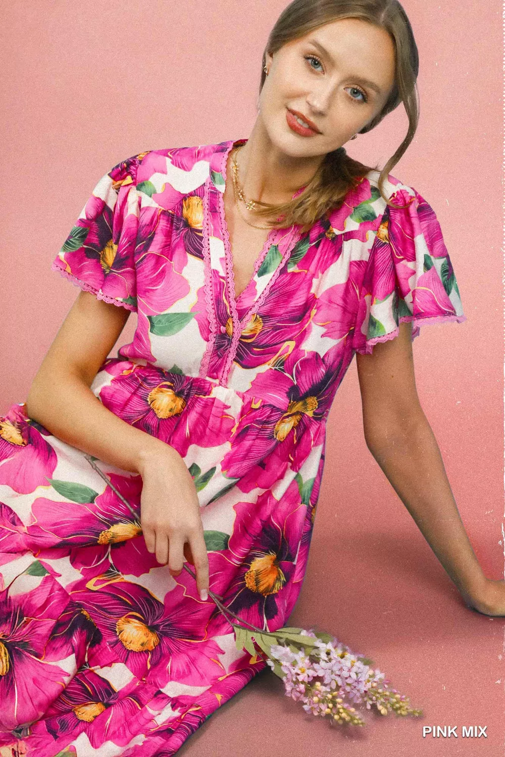 Tropical Floral V-Neck Flutter Sleeve Tiered Midi Dress, image 6