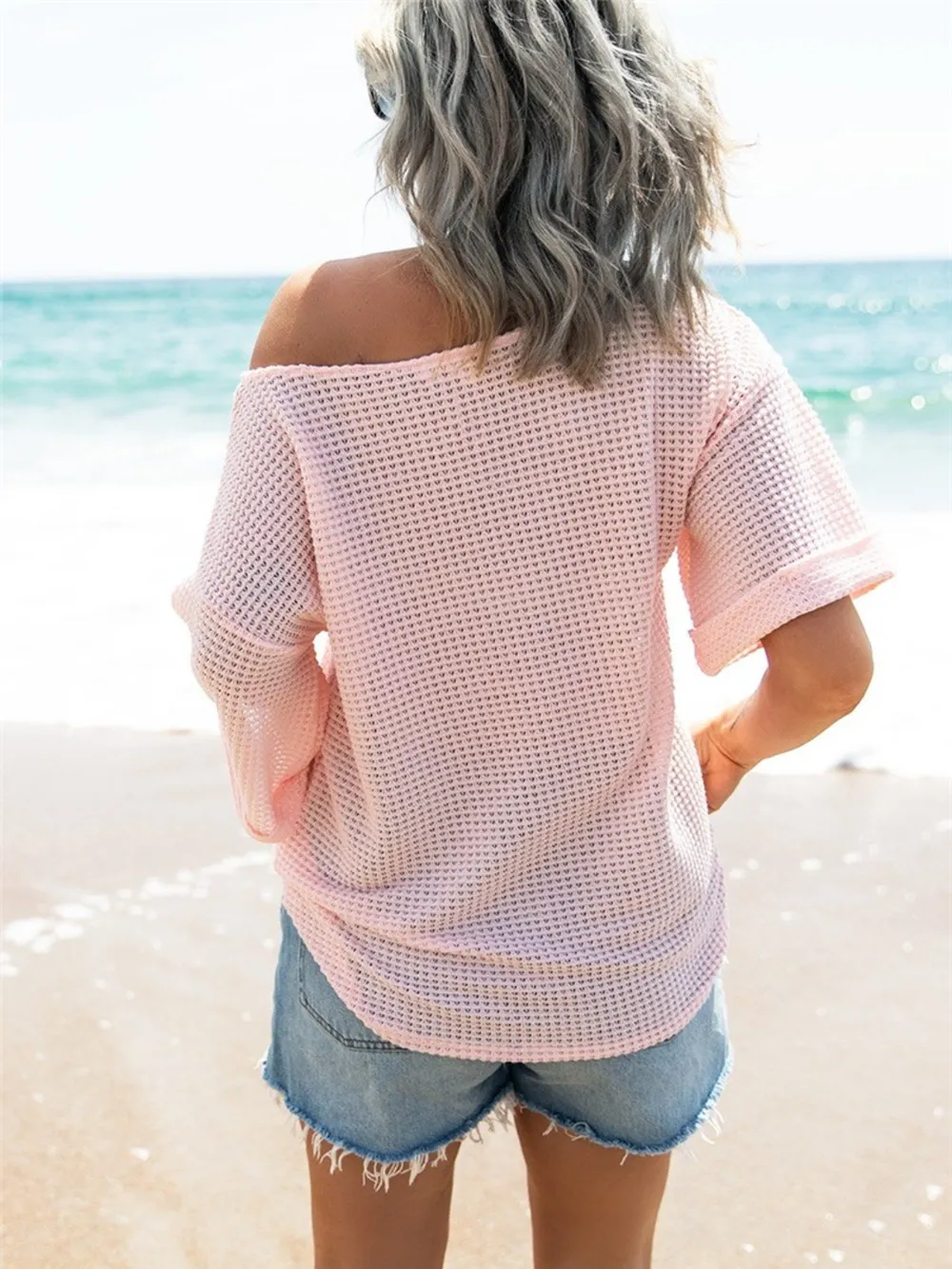 Waffle Knit Boat Neck Half Sleeve T-Shirt, image 6